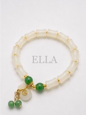 White Jade Style Bamboo Beaded Bracelet with Green Charms | Gold Accent